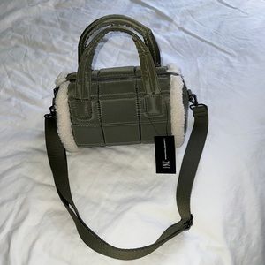NWT INC mini duffel bag with zipper, Sherpa trim, olive green color